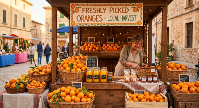 Market stall with baskets of oranges, jars of juice, and a smiling vendor