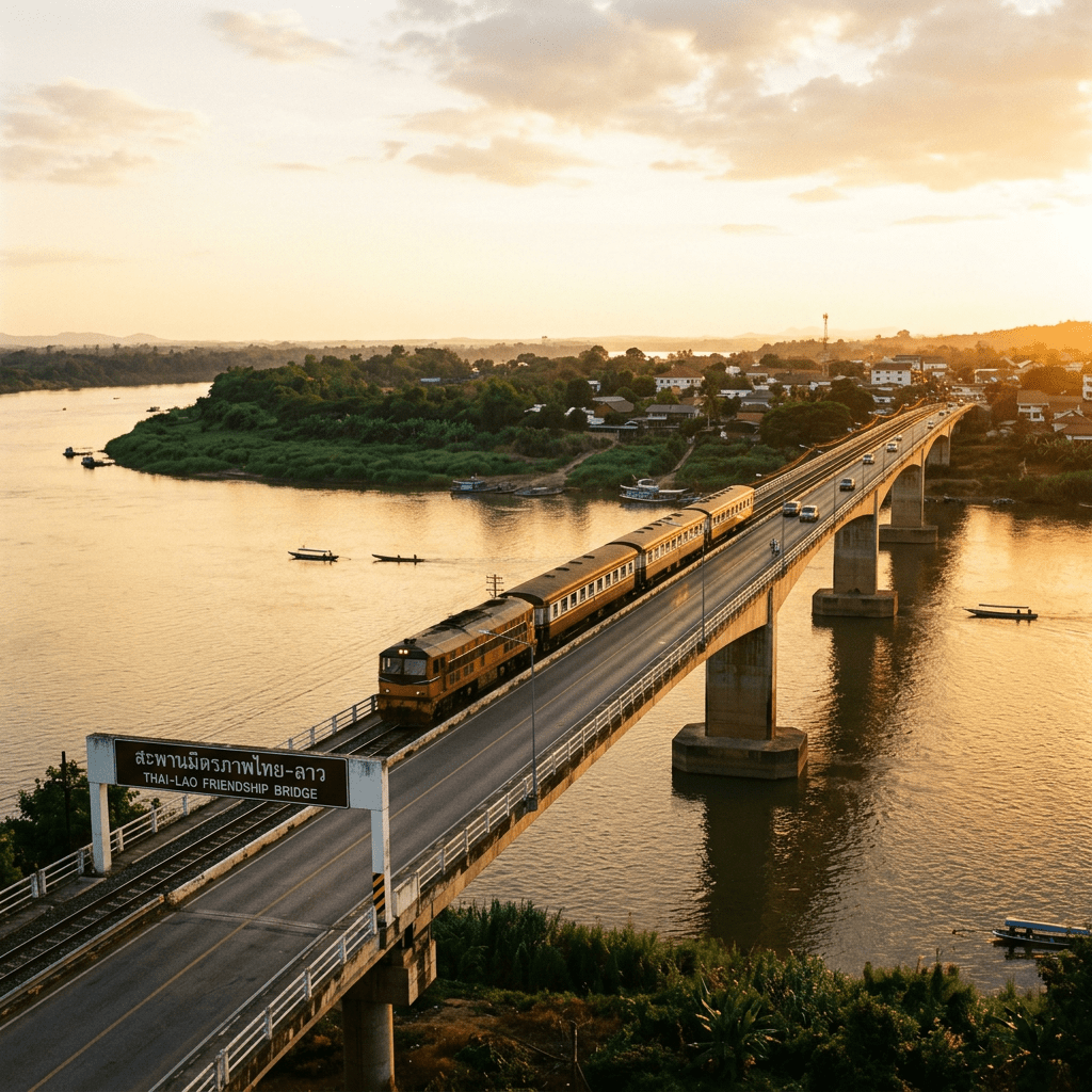 Train and cars crossing Thai-Lao Friendship Bridge over river during sunset