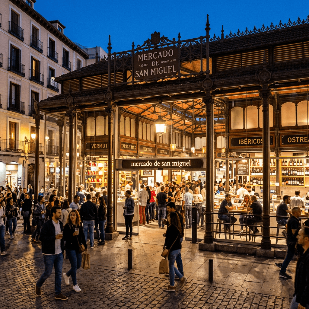 Mercado de San Miguel in Madrid with crowds of people inside and outside at dusk