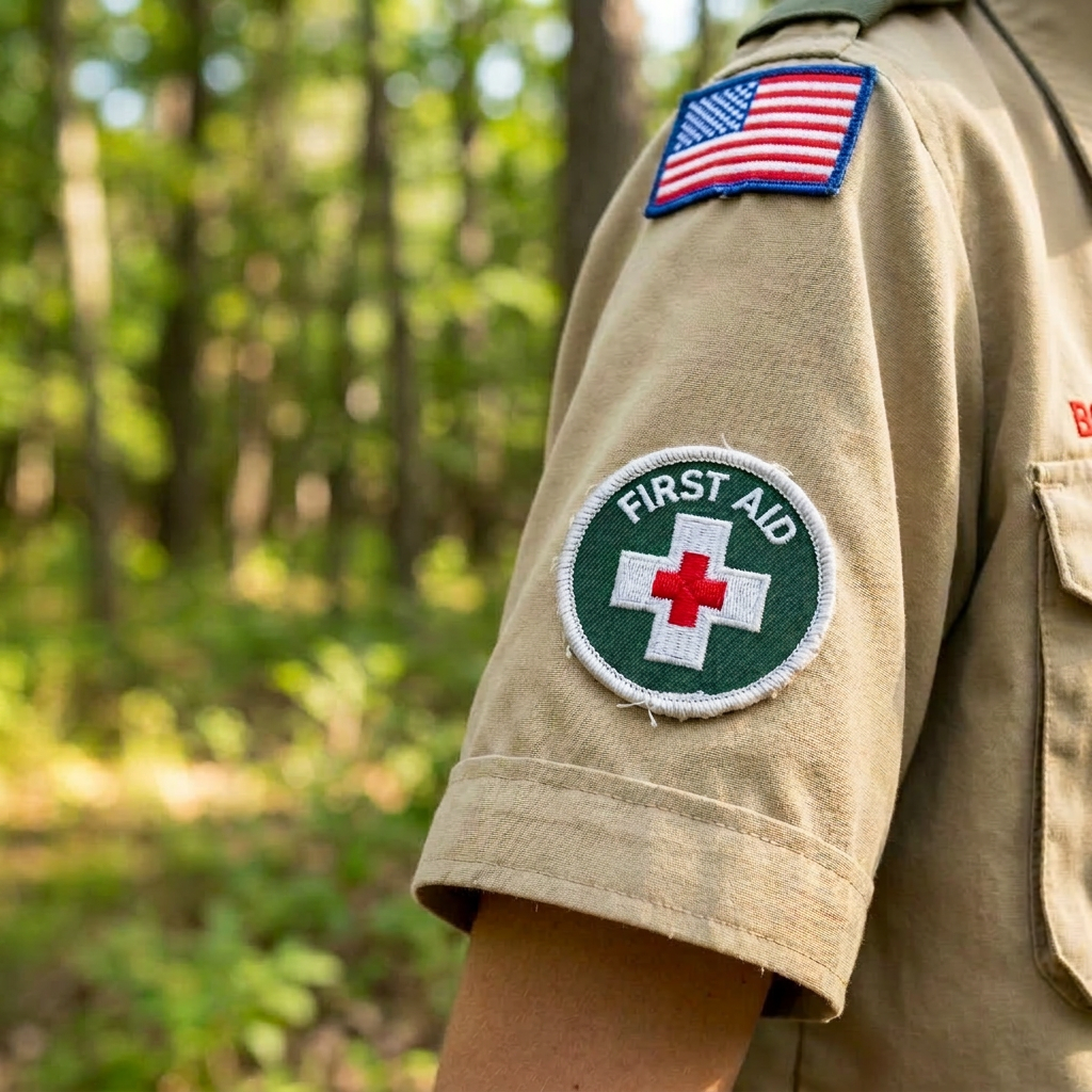 Boy Scout uniform sleeve showing first aid badge and American flag patch