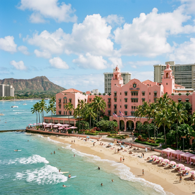 Beachfront view of the Royal Hawaiian Hotel with palm trees, beach umbrellas, people on the sand and in the water, and Diamond Head mountain in the background
