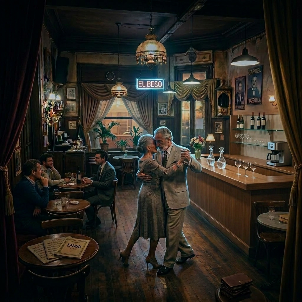 Couples dancing tango in an intimate bar with wooden floors and vintage decor