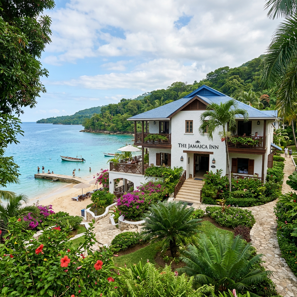 The Jamaica Inn hotel overlooking tropical garden and beach with people and boats in calm blue sea