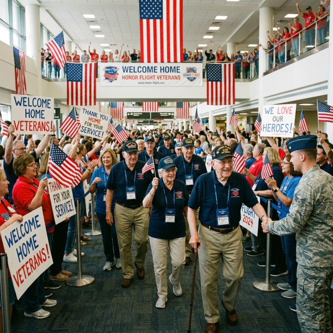 Veterans walking through airport terminal greeted by crowd holding American flags and welcome home signs