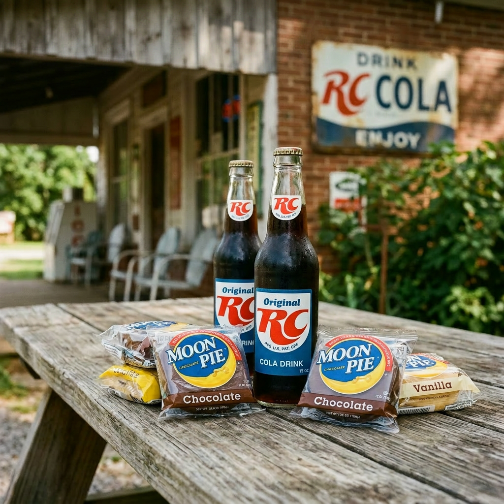 Two bottles of Original RC Cola and various Moon Pie snack packages on an outdoor wooden picnic table
