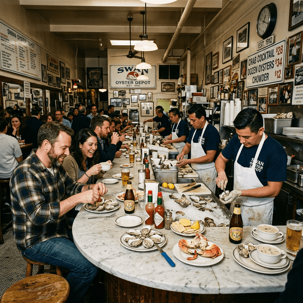 People eating oysters and seafood at a marble counter with servers shucking oysters