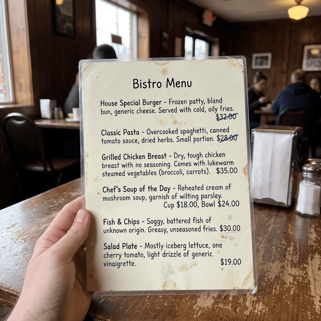 Bistro menu listing unappealing dishes with negative descriptions and prices.