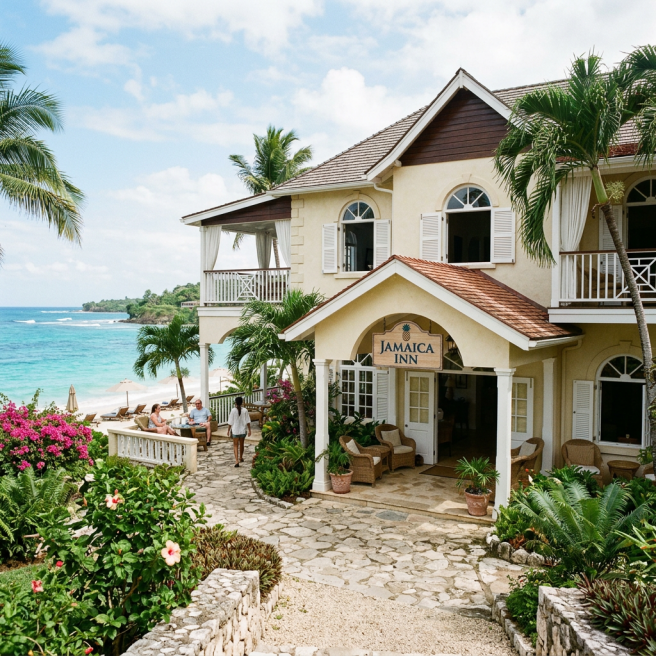 Entrance to Jamaica Inn with wicker chairs and guests near the beach