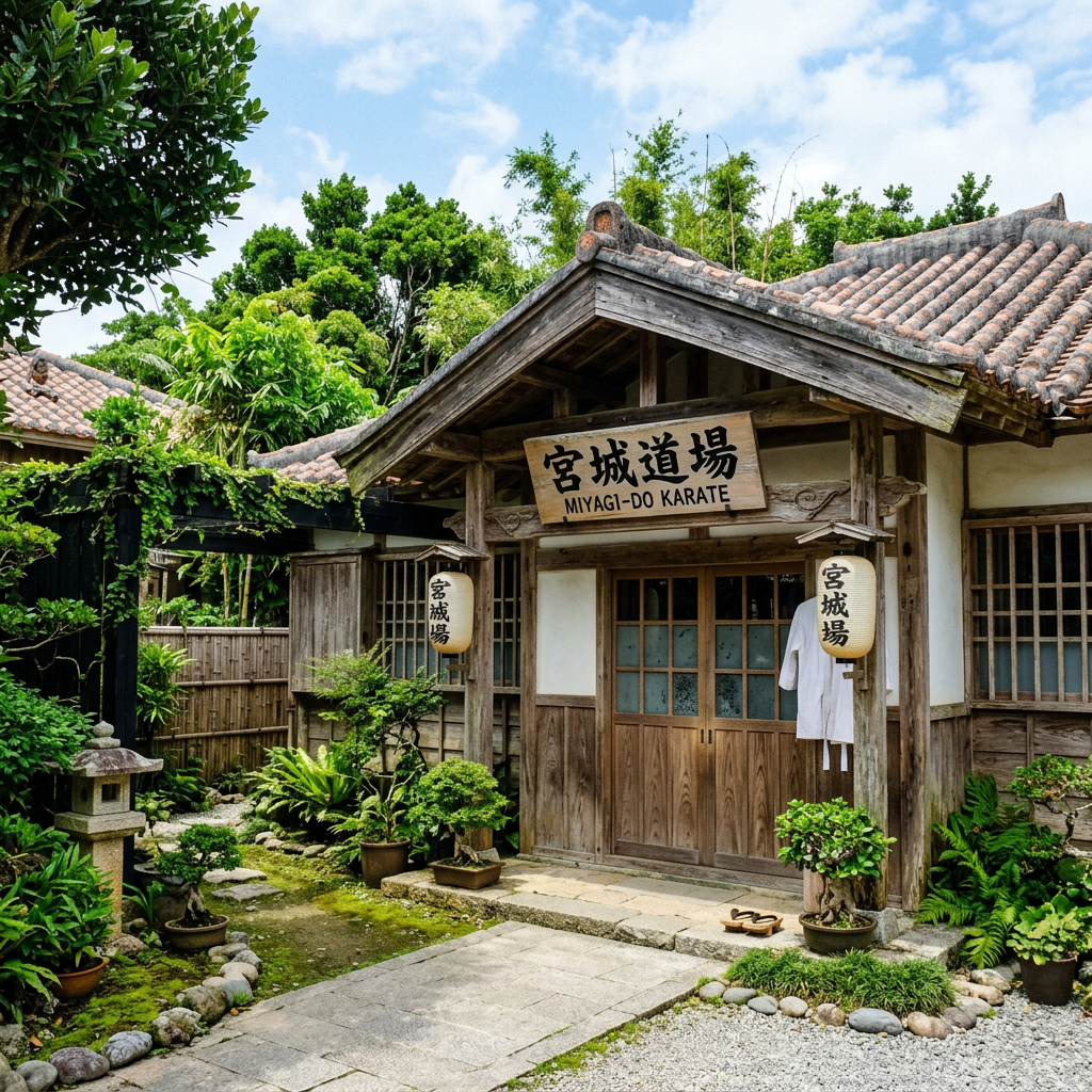 Front entrance of Miyagi-Do Karate dojo with wooden sliding doors and lanterns