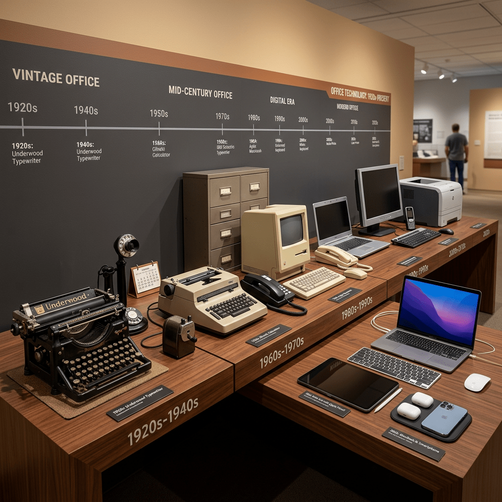 Display of historical office technology including typewriters, early computers, phones, laptops, tablets, and smartphones.