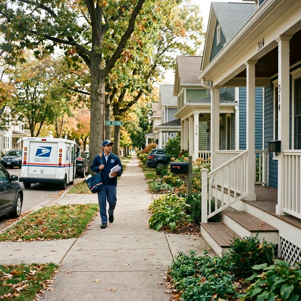 Two USPS mail carriers delivering mail on a tree-lined suburban street