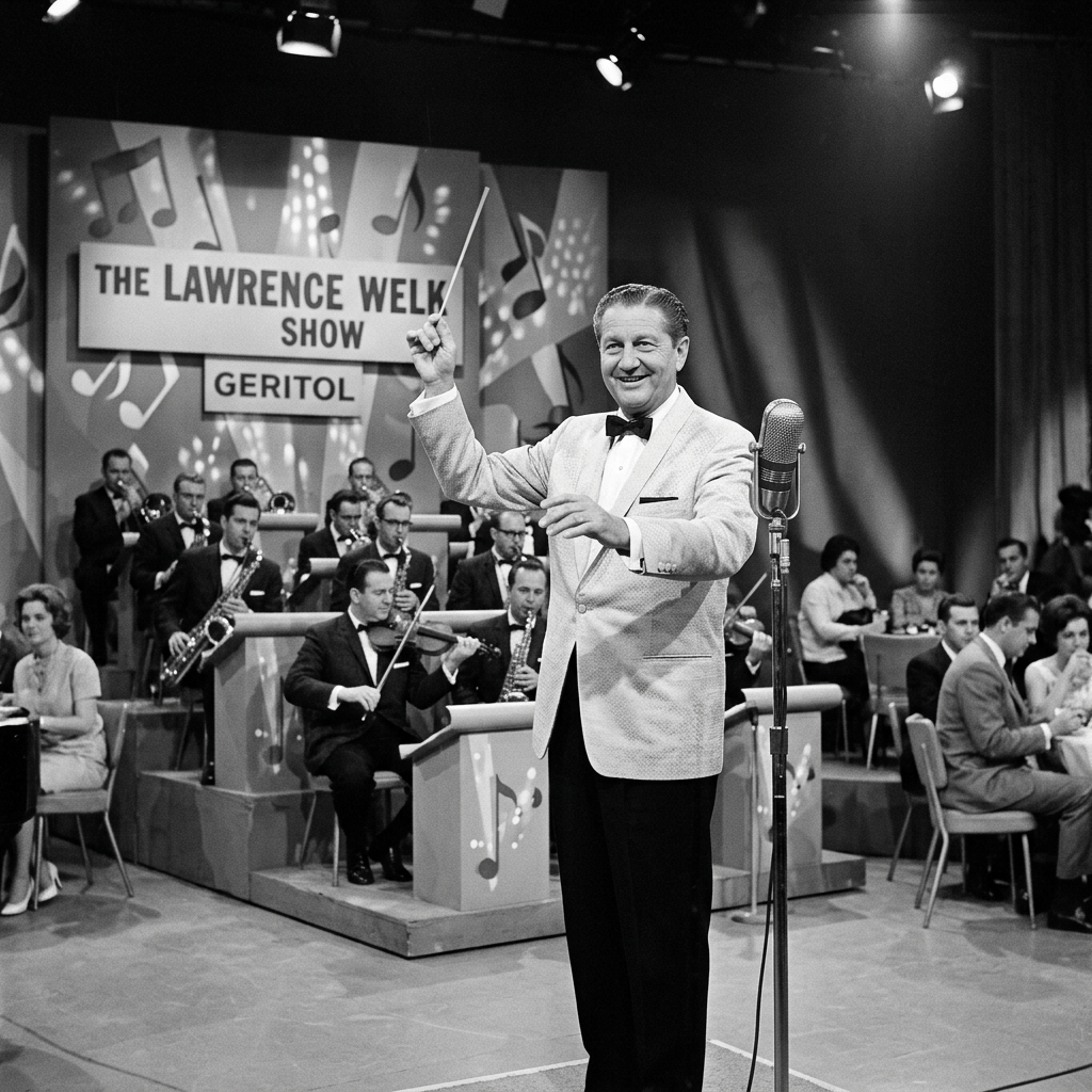 Lawrence Welk conducting orchestra on The Lawrence Welk Show stage