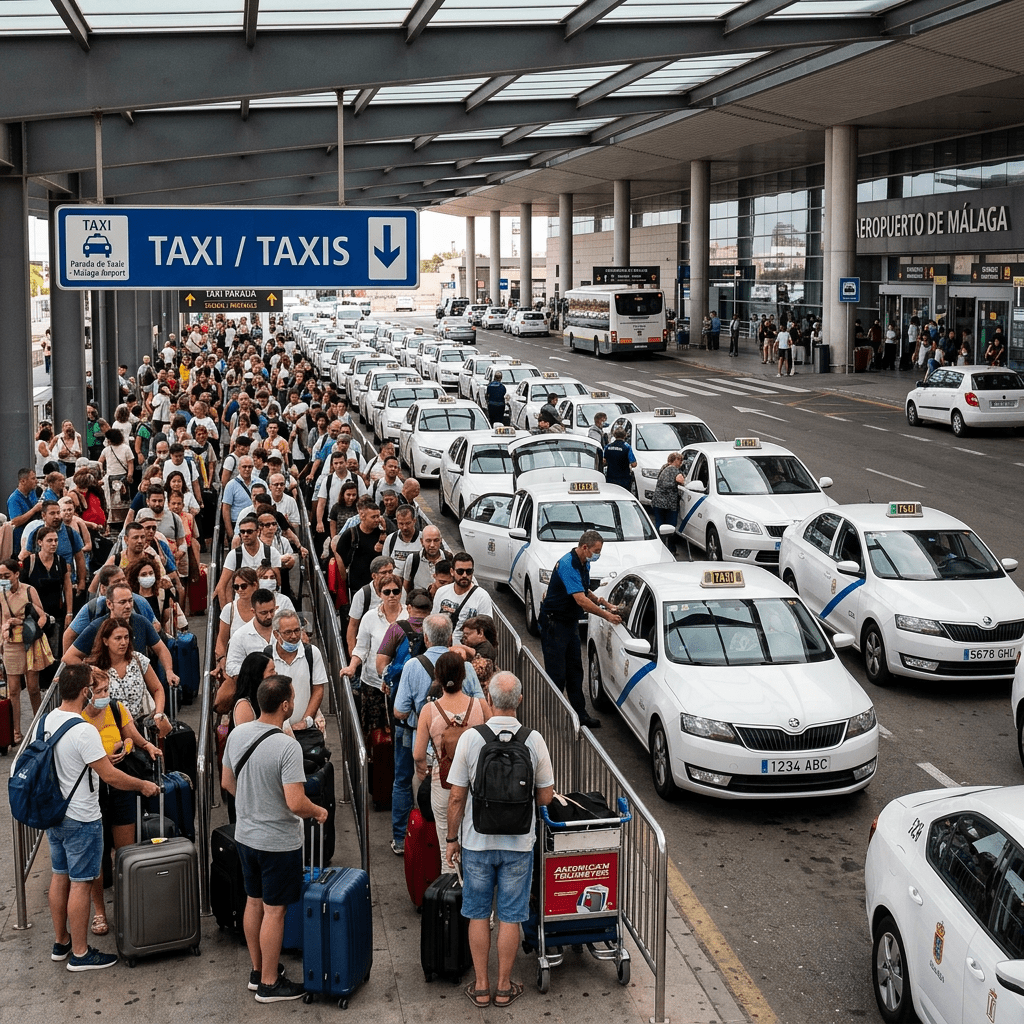 Crowded taxi queue with many passengers lining up at Málaga Airport