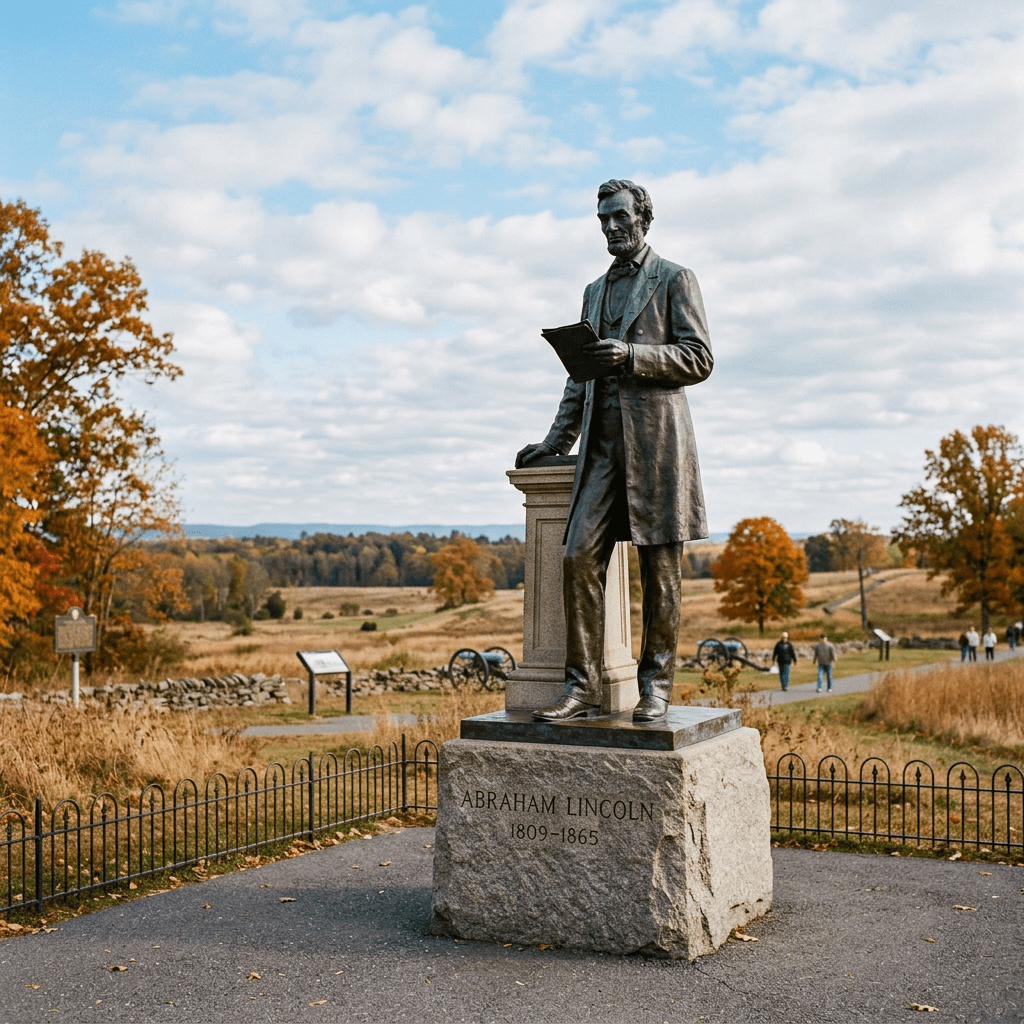 Bronze statue of Abraham Lincoln holding a book, mounted on a stone pedestal inscribed with his name and dates
