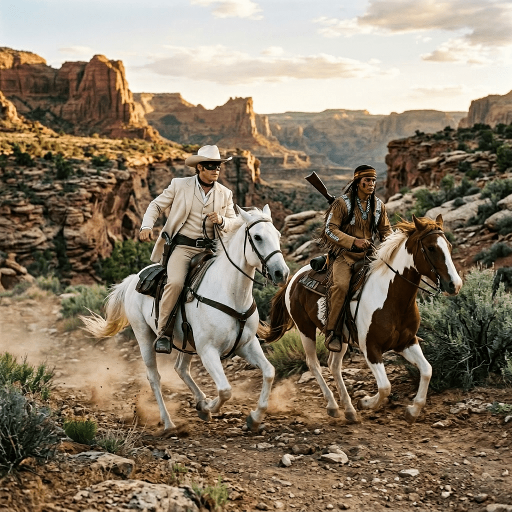 Two men on horseback riding through a rocky desert canyon with red cliffs