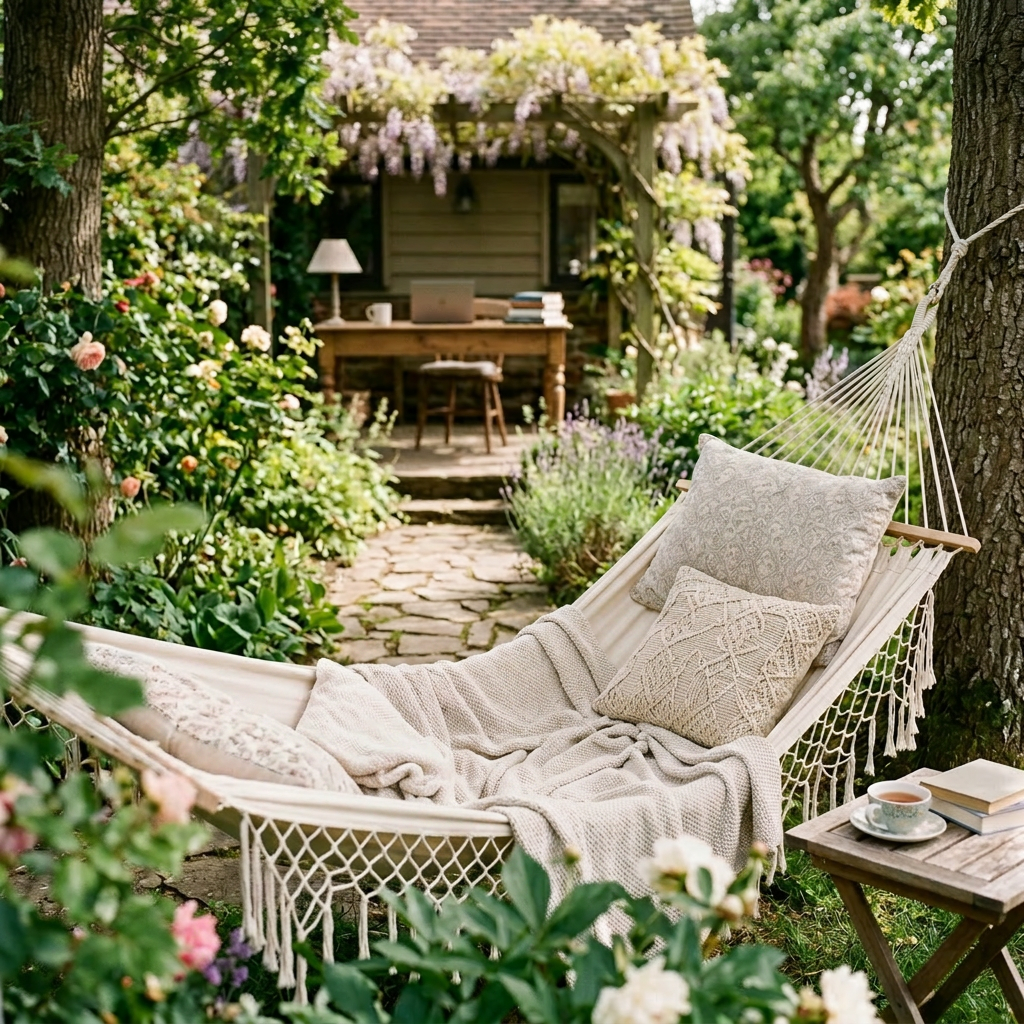 Woman relaxing in a hammock with a book in a vibrant garden