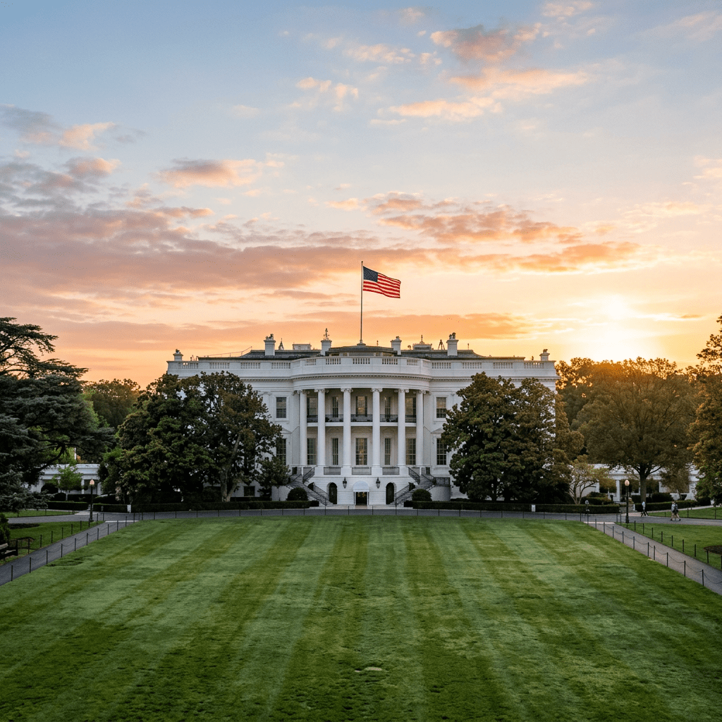 The White House with an American flag at sunset, surrounded by trees and green lawn.