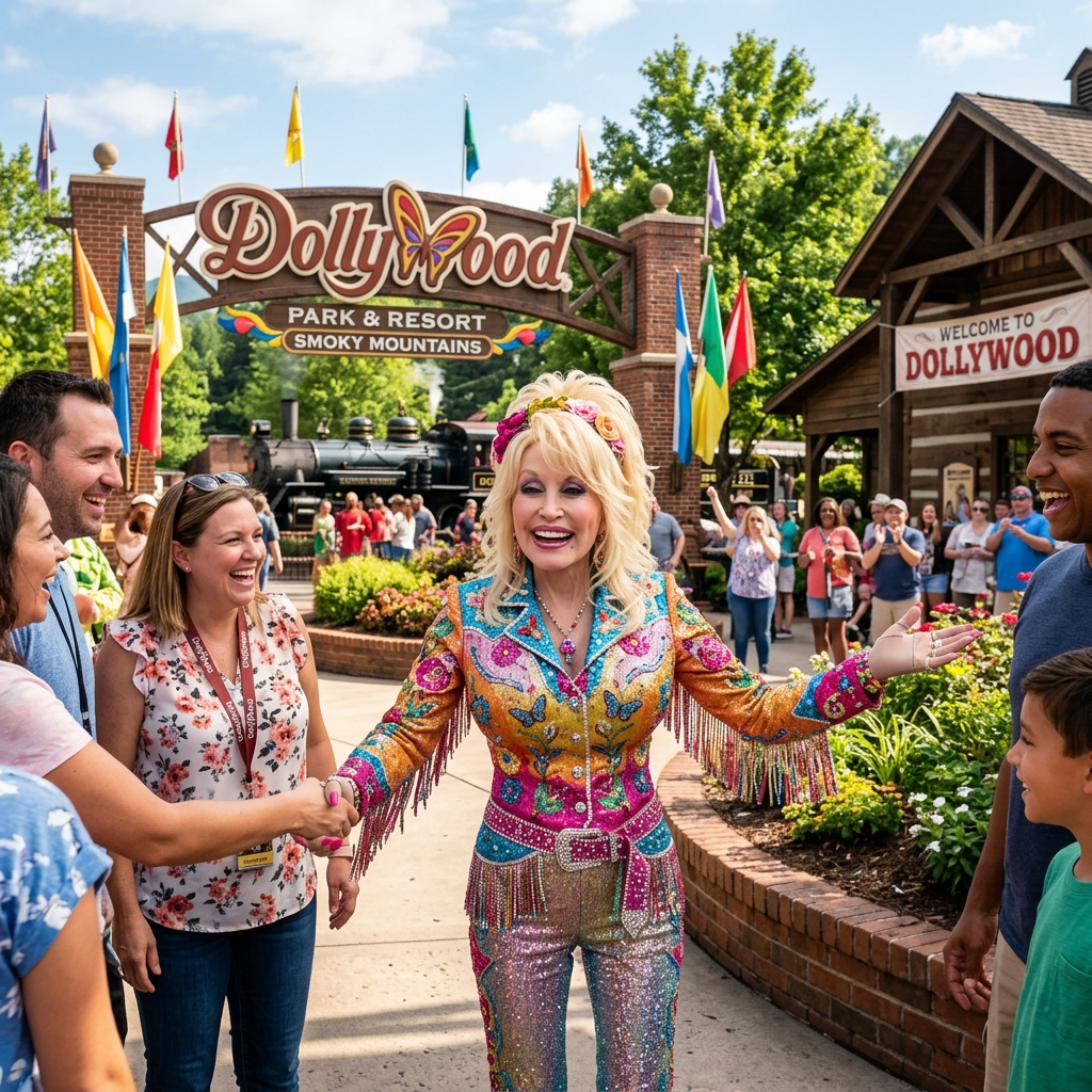 Dolly Parton greeting smiling visitors near Dollywood Park & Resort entrance with colorful flags and steam train in background