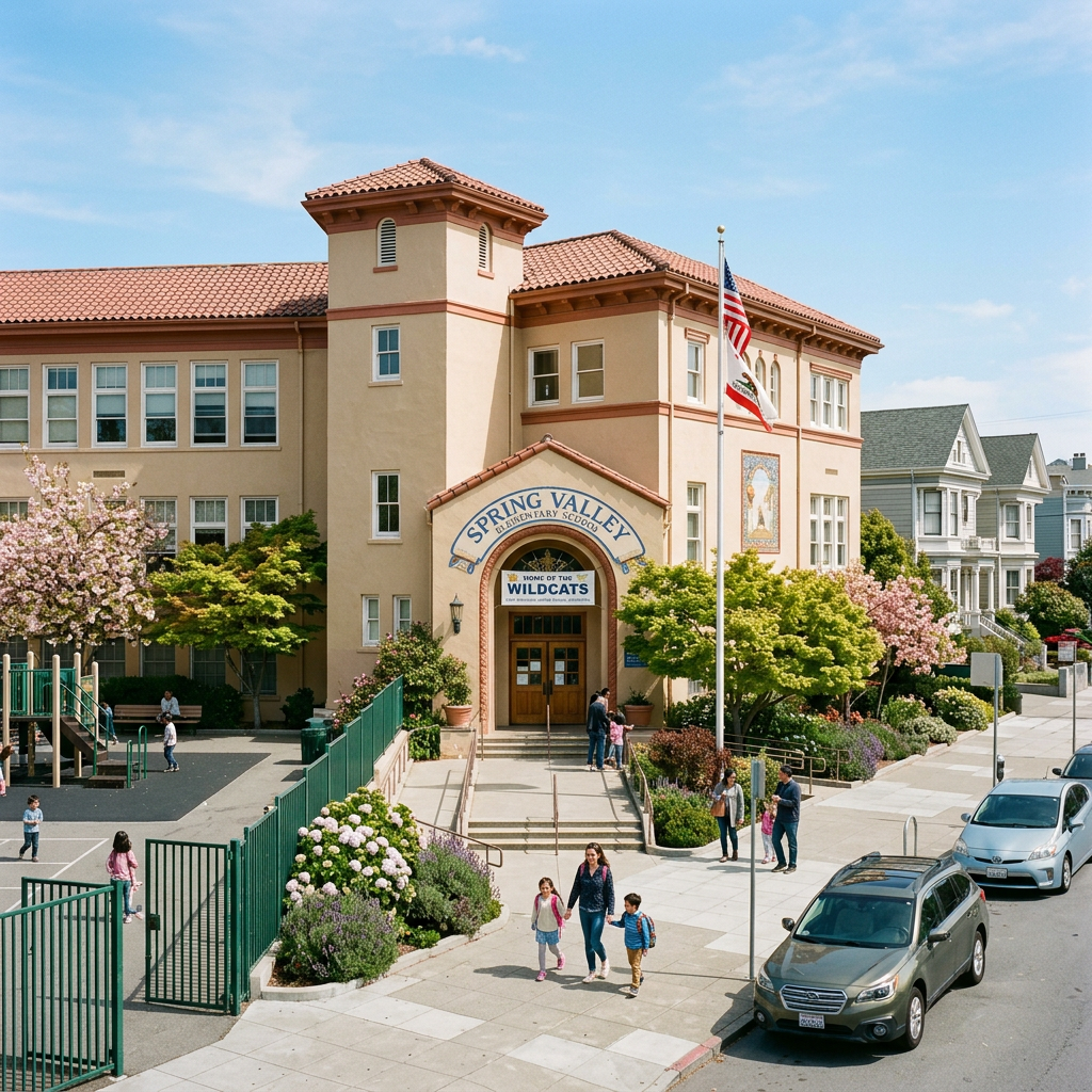 Entrance of Spring Valley Elementary School with families and children outside