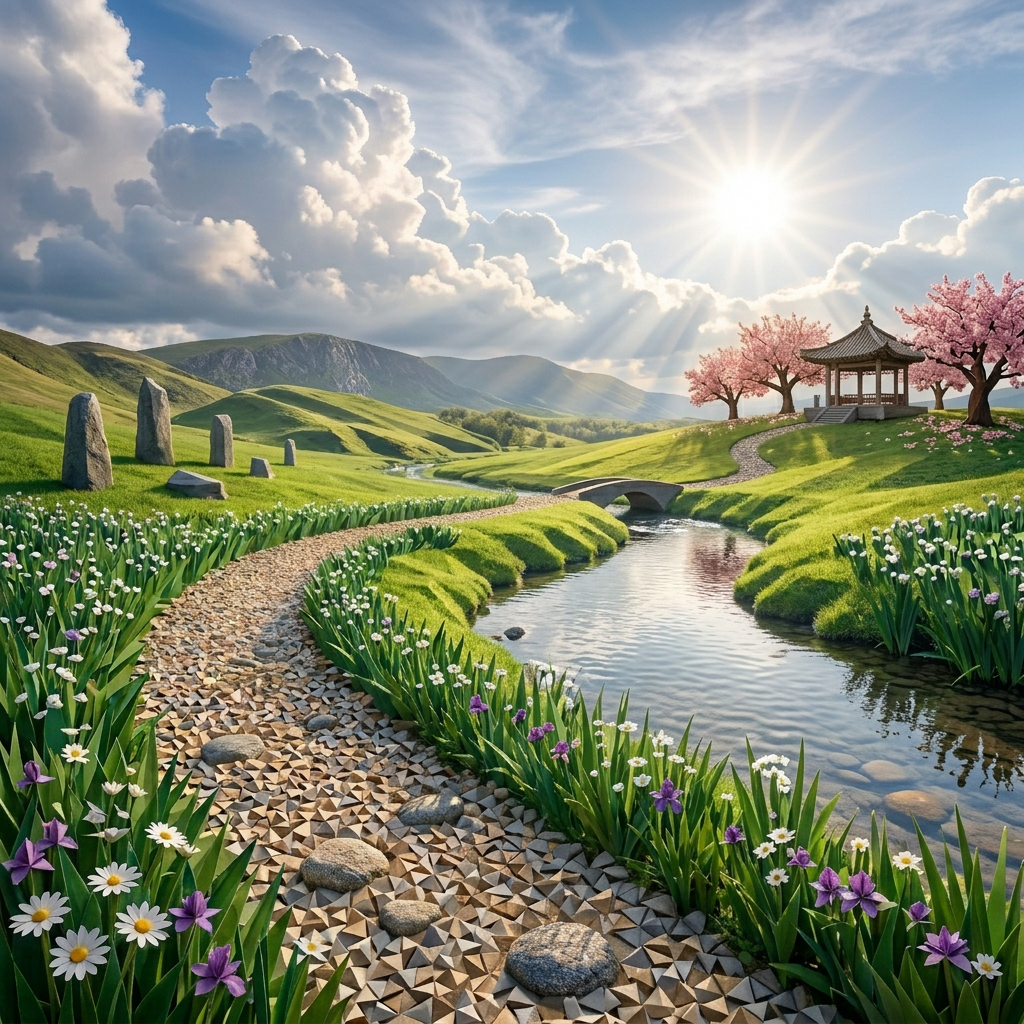 Path winding through grassy countryside with river, bridge, stone monument, and flying bird
