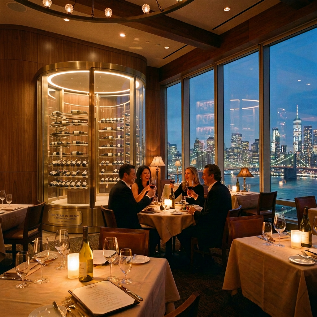 Elegant Dining Above Manhattan Skyline Restaurant guests dining beside windows overlooking Manhattan and a bridge